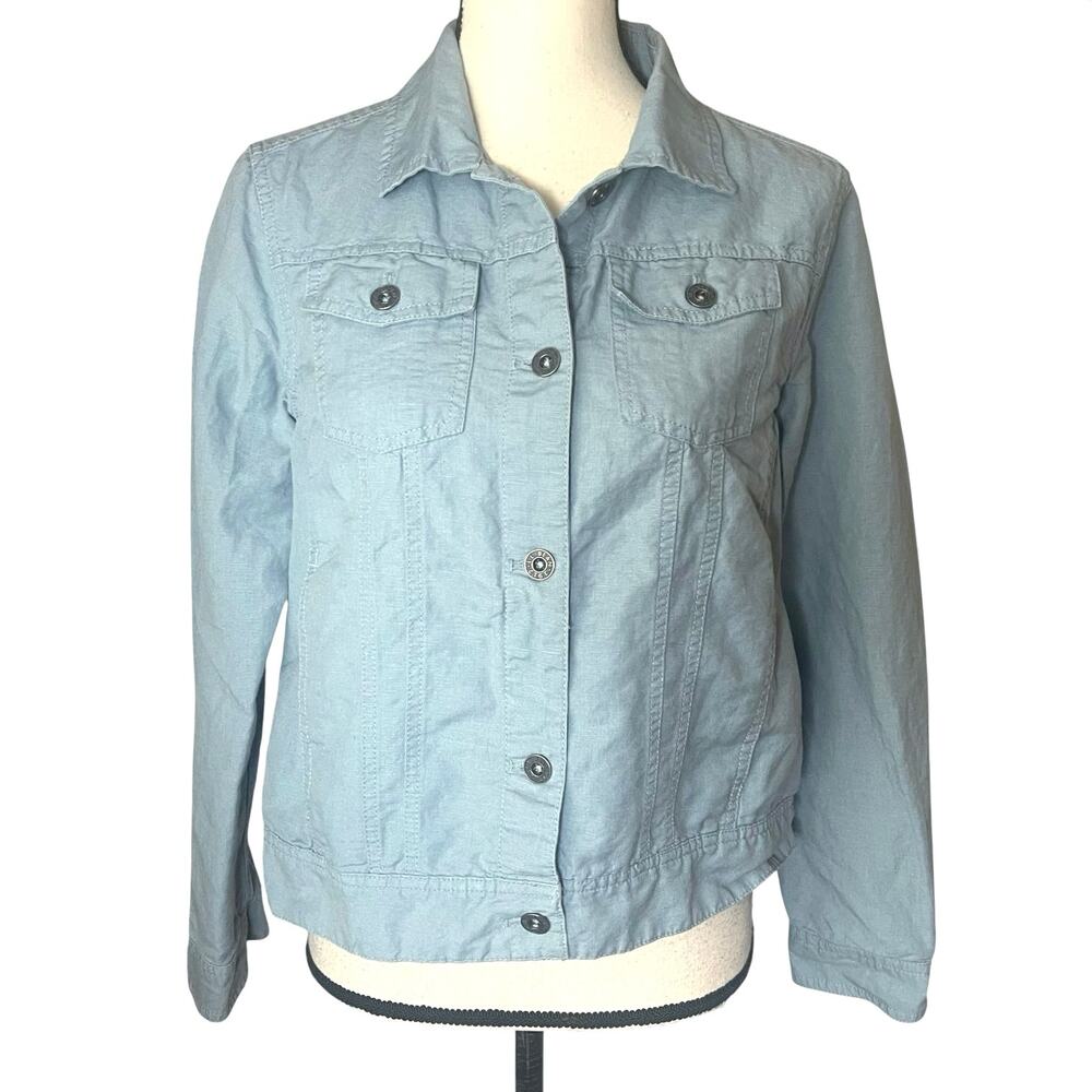 L.L. Bean Linen Blend Blue Utility Trucker Jacket Small Coastal Minimalist